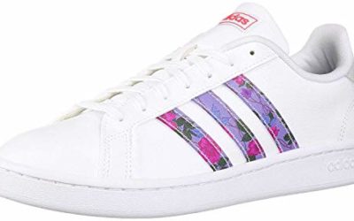 adidas Women's Grand Court Walking Shoe, White/Glow Blue/Real Pink, 7.5 Medium US
