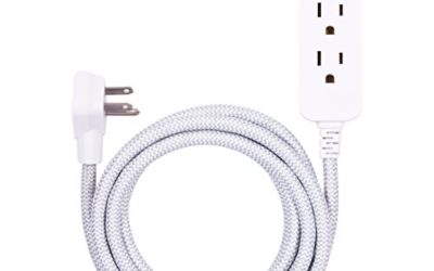 GE Designer Extension Cord With Surge Protection, Braided Power Cord, 8 ft, 3 Grounded Outlets, Flat Plug, Premium, Gray/White, 38433