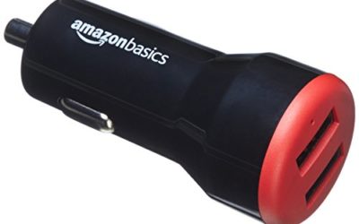 AmazonBasics 4.8 Amp 24W Dual USB Car Charger for Apple and Android Devices, Black and Red, 4-Pack