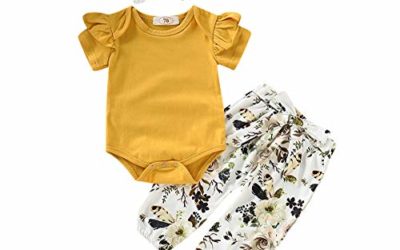 3PCS Infant Toddler Baby Girl Clothes Ruffle Romper Tops Bodysuit + Floral Halen Pants + Headband Outfit Set (Y Yellow(Short Sleeve), 0-6 Months)