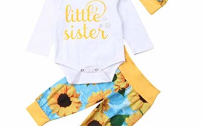 Baby Girls Little Sister Bodysuit Tops Floral Pants Bowknot Headband Outfits Set (0-6 Months, Style 18)