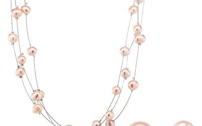 Gem Stone King 3-Row 7-8mm Pink Cultured Freshwater Pearl Necklace Earrings Set 18inches