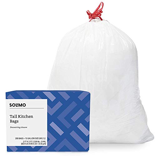 Amazon Brand – Solimo Tall Kitchen Drawstring Trash Bags, 13 Gallon, 200 Count