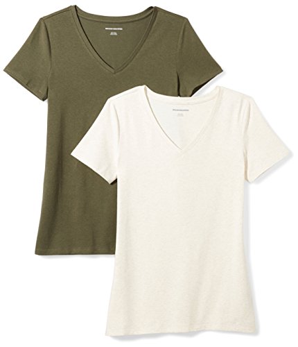 Amazon Essentials Women's 2-Pack Classic-Fit Short-Sleeve V-Neck T-Shirt, Olive/Oatmeal Heather, Medium