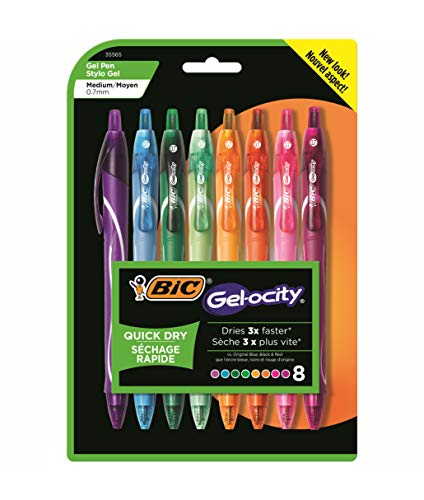 BIC Gel-Ocity Quick Dry Gel Pens, Medium Point Retractable Gel Pen (0.7mm), Assorted Colors, 8-Count