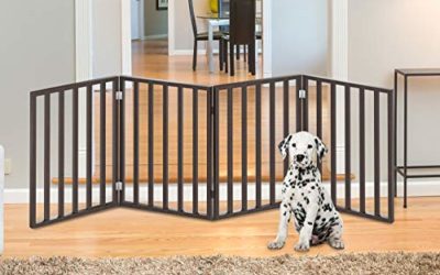 PETMAKER Wooden Pet Gate- Foldable 4-Panel Indoor Barrier Fence, Freestanding & Lightweight Design for Dogs, Puppies, Pets- 72 X24 (Brown Stain)