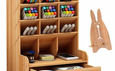 Marbrasse Wooden Desk Organizer, Multi-Functional DIY Pen Holder Box, Desktop Stationary, Easy Assembly,Home Office Supply Storage Rack with Drawer (B11-Cherry Color)