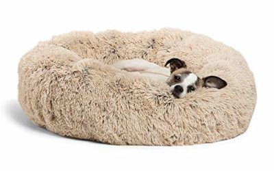 Best Friends by Sheri Calming Shag Vegan Fur Donut Cuddler (23×23 Small – Taupe), Cat and Dog Bed, Self Warming and Cozy for Improved Sleep, Machine Washable for Pets Up to 25 lbs.