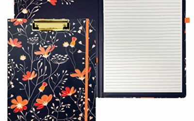 Cute Clipboard Folio with Refillable Lined Notepad and Interior Storage Pocket for Women, Stylish Navy Blue and Coral Clipfolio, Floral Vines