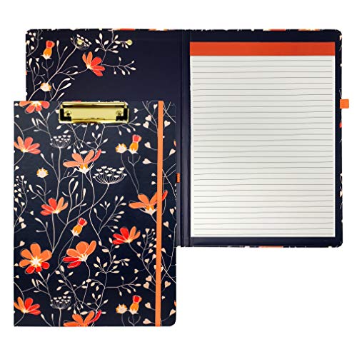 Cute Clipboard Folio with Refillable Lined Notepad and Interior Storage Pocket for Women, Stylish Navy Blue and Coral Clipfolio, Floral Vines