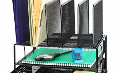 SimpleHouseware Mesh Desk Organizer with Sliding Drawer, Double Tray and 5 Upright Sections, Black