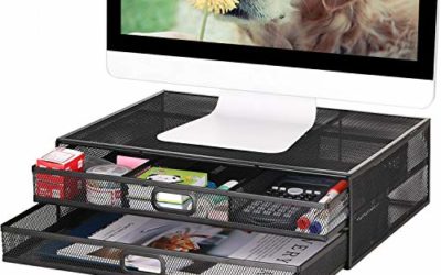 Monitor Stand Riser with Drawer – Metal Mesh Desk Organizer with Dual Pull Out Storage Drawer,Office Supply for Computer, PC, Laptop, Printer, Notebook, iMac (Black)