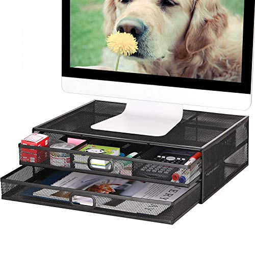 Monitor Stand Riser with Drawer – Metal Mesh Desk Organizer with Dual Pull Out Storage Drawer,Office Supply for Computer, PC, Laptop, Printer, Notebook, iMac (Black)