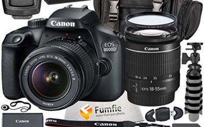 Canon EOS 4000D w/EF-S 18-55mm f/3.5-5.6 III Lens with Professional Accessory Bundle – Includes: Spare LPE10 Battery, Slave Flash, Large Gadget Bag with Dual Buckles & Much More