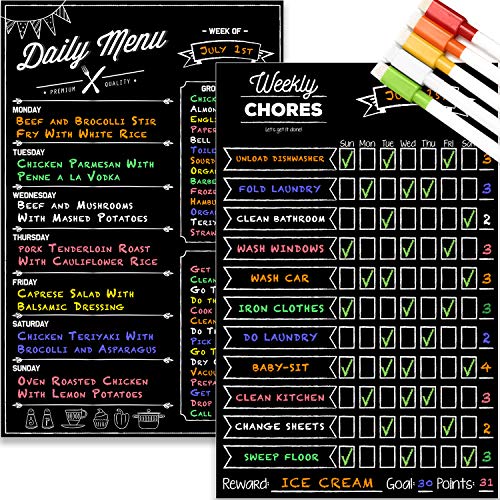 Magnetic Dry Erase Chore Chart and Menu Board Set for Kitchen Fridge – 11" x 17" Responsibility & Behavior Refrigerator Reward Incentive for Kids – 11" x 17" Weekly Meal Planner Blackboard