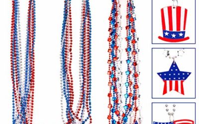 Whaline 18 Pcs 4th of July Bead Necklaces Patriotic Metallic Beaded Necklaces with USA Hat American Flag and Star Pendants for Independence Day, Memorial Day, Sport Event, Party Favors
