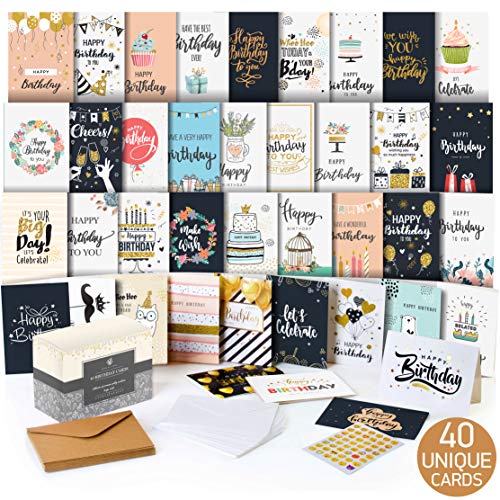 Happy Birthday Cards Assortment – Bday Cards in Bulk – 5×7 Assorted Variety Box Set 40 Pack Unique Designs with Envelopes – Birthday Card for Men Women Kids – for Office – Greeting Message Inside