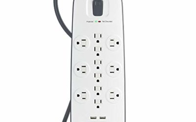 Belkin BV112050-06 12-Outlet USB Power Strip Surge Protector w/Flat Plug, 6ft Cord – Ideal for Computers, Home Theatre, Appliances, Office Equipment (3,996 Joules), White, 6'