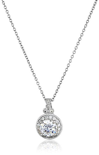 Platinum Plated Sterling Silver Antique Pendant Necklace set with Round Cut Swarovski Zirconia (2.8 cttw)