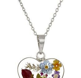 Sterling Silver Multi-Colored Pressed Flower Heart Pendant Necklace, 16"