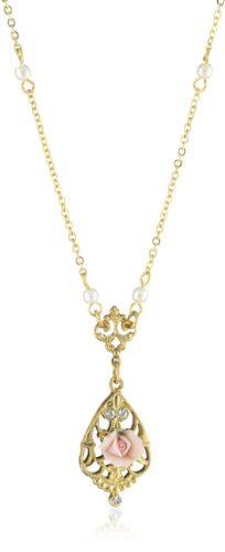 1928 Jewelry Vintage-Inspired Gold-Tone and Porcelain Rose Necklace, 17"