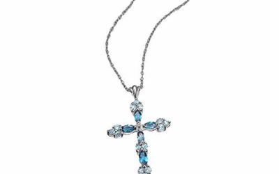 .925 Sterling Silver Genuine Blue Topaz 1-1/2" Multi-Tone Trinity Cross Pendant Necklace on 18" Box Chain