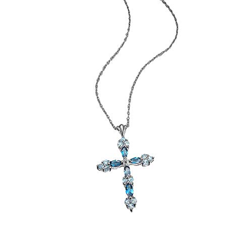 .925 Sterling Silver Genuine Blue Topaz 1-1/2" Multi-Tone Trinity Cross Pendant Necklace on 18" Box Chain