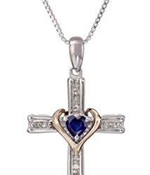Sterling Silver and 14k Gold Created Blue Sapphire Heart and Diamond-Accent Cross Pendant Necklace, 18"