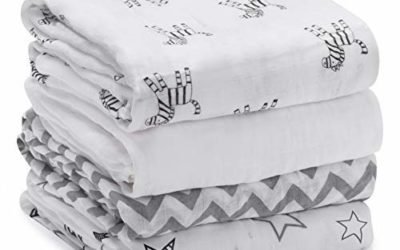 Momcozy Muslin Baby Swaddle Blankets, Large Neutral Receiving Blankets Wrap for Baby, 47 x 47 inch, 4 Pack, Soft Silky 30%Cotton + 70%Bamboo. Newborn to Toddler. (Zebras, Stars, Waves, Pure White)