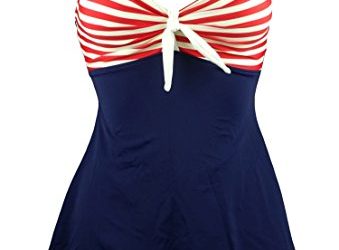 COCOSHIP Navy Blue & Red White Striped Vintage Sailor Pin Up Swimsuit One Piece Skirtini Cover Up Swimdress XL(FBA)