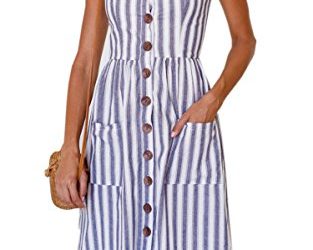 Angashion Women's Dresses-Summer Floral Bohemian Spaghetti Strap Button Down Swing Midi Dress with Pockets Blue Striped XL