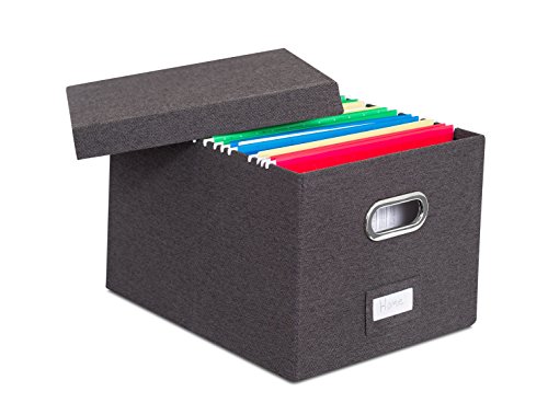 Internet's Best Collapsible File Storage Organizer with Lid – Decorative Linen Filing & Storage Office Box – Hanging Letter/Legal Folder – Home Office Bins Cabinet – Charcoal Container – 1 Pack