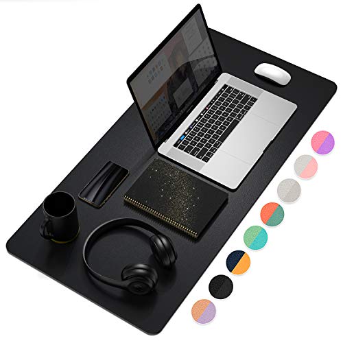 Dual-Sided Multifunctional Desk Pad, Waterproof Desk Blotter Protector, Leather Large Desk Wrting Mat Mouse Pad (31.5" x 15.7", Black)