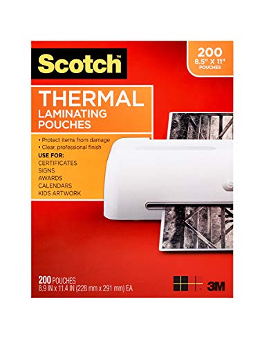 Scotch Thermal Laminating Pouches, 200-Pack, 8.9 x 11.4 inches, Letter Size Sheets, Clear, 3-Mil (TP3854-200)