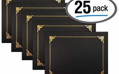 25 Pack Black Certificate Holders, Diploma Holders, Document Covers with Gold Foil Border, by Better Office Products, for Letter Size Paper, 25 Count, Black