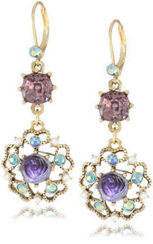 Betsey Johnson Carved Flower Medallion and Crystal Gem Drop Earrings