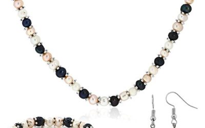 Gem Stone King Multi-Color Cultured Freshwater Pearl Necklace Earrings Bracelet Set 7-8MM 18inches