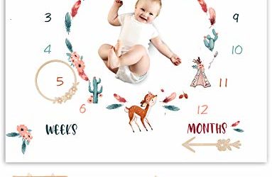 Organic Baby Monthly Milestone Blanket Newborn Boho Deer Girl| Fawn Cactus Teepee Tribe Baby Nursery Month Picture Blanket| Growth Photography Background Prop| Woodland Friends Animals