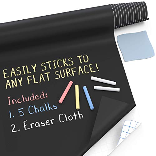 Kassa Large Chalkboard Contact Paper Roll – 17.3” x 96” (8 Feet) – 5 Chalks Included – Chalk Board Paint Alternative Wallpaper – Adhesive Blackboard Wall Decal Vinyl – Black Chalkboard Stickers