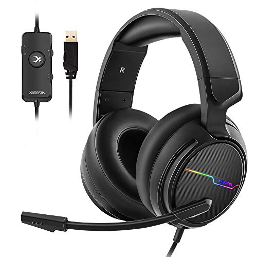 Jeecoo USB Pro Gaming Headset for PC- 7.1 Surround Sound Headphones with Noise Cancelling Mic- Memory Foam Ear Pads RGB Lights for Laptops