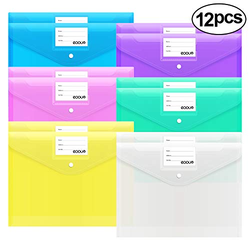 EOOUT 12pcs Plastic Envelopes Poly Envelopes Transparent File Folders with Label Pocket & Snap Closure, Letter Size/A4, Assorted Colors, for School, Home, Office Supplies