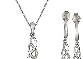 Sterling Silver Diamond Twist Pendant Necklace and Earrings Box Set (1/5 cttw), 18"