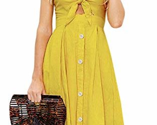 ECOWISH Womens Dresses Summer Tie Front V-Neck Spaghetti Strap Button Down A-Line Backless Swing Midi Dress 1603 Ginger Yellow L
