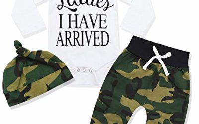 Newborn Baby Boy Clothes Hipster Bowtie Strap Sleeve Bodysuit + Camouflage Pants+ Camouflage Hat 3Pcs Outfits Set 3-6 Months White