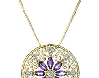 18k Yellow Gold Plated Sterling Silver Genuine Amethyst and Diamond Accent Filigree Mandala Pendant Necklace, 18"