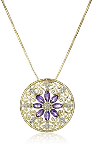 18k Yellow Gold Plated Sterling Silver Genuine Amethyst and Diamond Accent Filigree Mandala Pendant Necklace, 18"