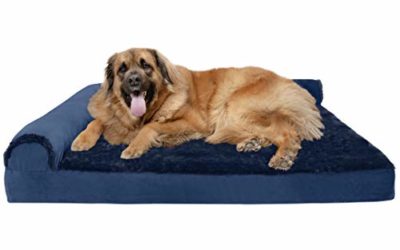 Furhaven Pet Dog Bed – Deluxe Orthopedic Plush Faux Fur & Velvet L Shaped Chaise Lounge Living Room Corner Couch Pet Bed w/ Removable Cover for Dogs & Cats, Deep Sapphire, Jumbo Plus