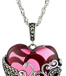 Sterling Silver Oxidized Genuine Marcasite and Red Glass Heart Filigree Pendant Necklace, 18"