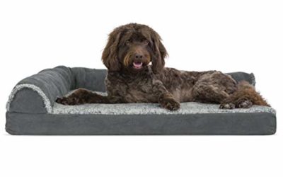 Furhaven Pet Dog Bed – Deluxe Cooling Gel Memory Foam Two-Tone Plush Faux Fur & Suede L Shaped Chaise Lounge Living Room Corner Couch Pet Bed w/ Removable Cover for Dogs & Cats, Stone Gray, Large