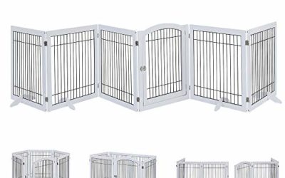 unipaws Pet Playpen with Wooden Construction and Wire, 6 Panels Freestanding Walk Through Dog Gate with 4 Support Feet, Foldable Stairs Barrier Pet Exercise Pen for Dogs Cats Pets, White